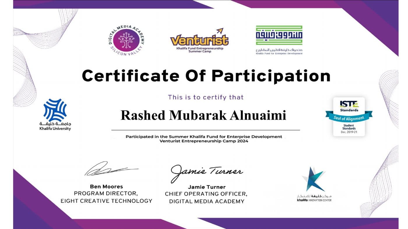 Venturist Entrepreneurship Camp · Khalifa Fund for Enterprise Development certificate